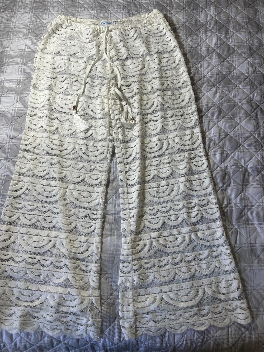 blue island White Crochet Beach Pants